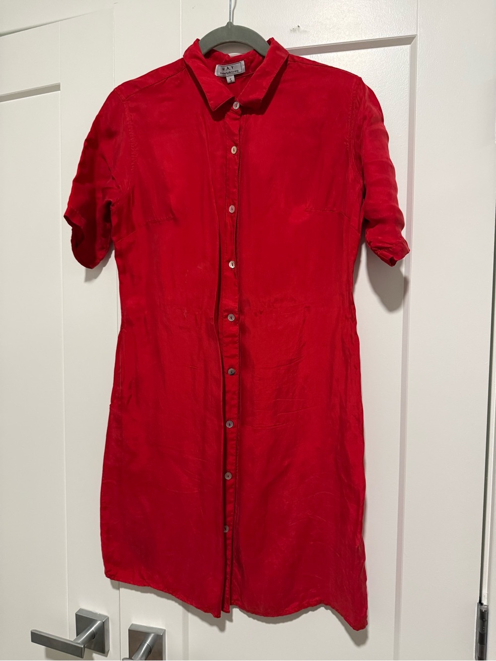 Red Silky Button-Front Mini Shirt Dress